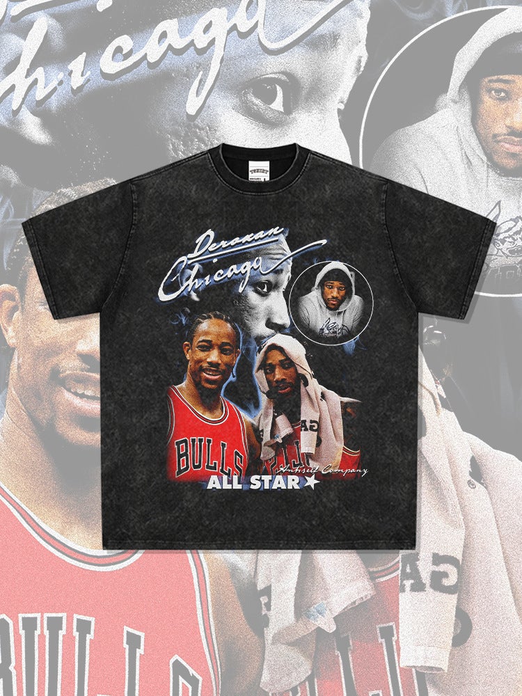 DeRozan DeMar DeRozan Print High Street Long Sleeve Short Sleeve T-shirt Vintage Washed Heavy Top - Image 3