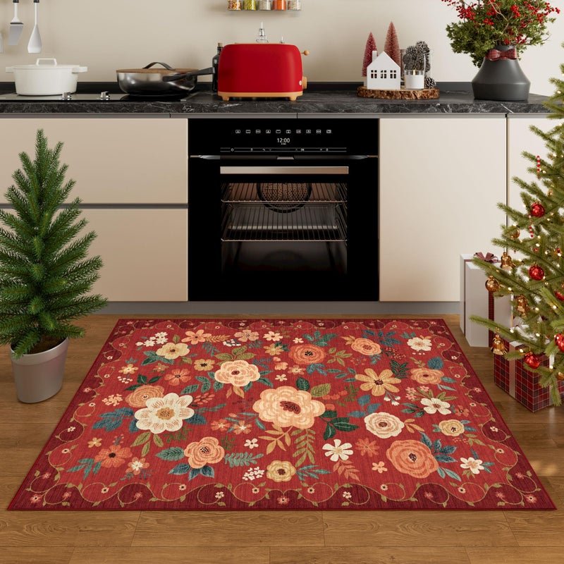DUKINO 2x3 Rugs for Entryway, Floral Indoor Washable Door Mat, Non Slip Boho Small Rug for Kitchen, Soft Low Pile Front Door Throw Rug for Entrance, Bedroom, Kitchen, Laundry, Bathroom, Red - Image 2