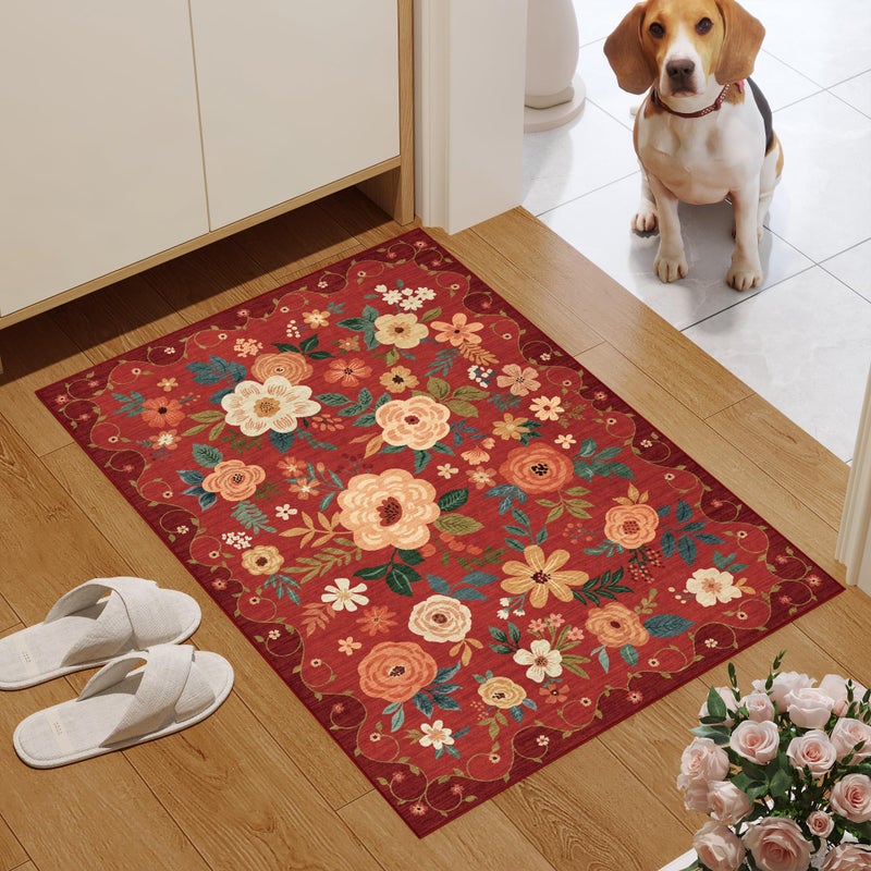 DUKINO 2x3 Rugs for Entryway, Floral Indoor Washable Door Mat, Non Slip Boho Small Rug for Kitchen, Soft Low Pile Front Door Throw Rug for Entrance, Bedroom, Kitchen, Laundry, Bathroom, Red - Image 4