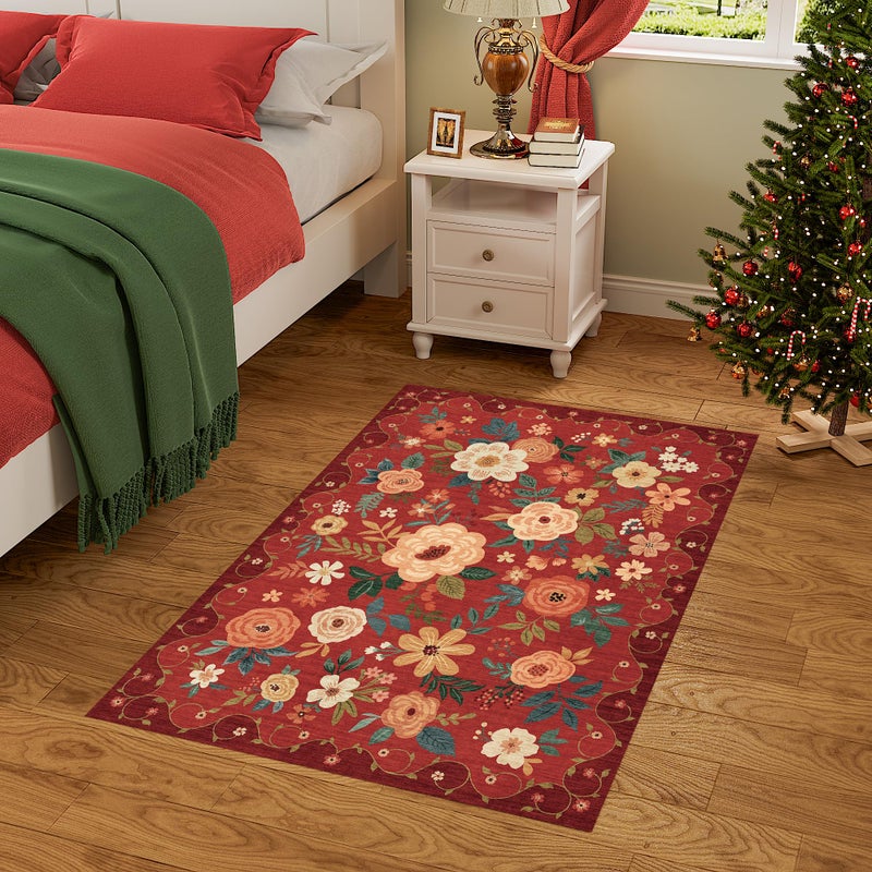 DUKINO 2x3 Rugs for Entryway, Floral Indoor Washable Door Mat, Non Slip Boho Small Rug for Kitchen, Soft Low Pile Front Door Throw Rug for Entrance, Bedroom, Kitchen, Laundry, Bathroom, Red - Image 3