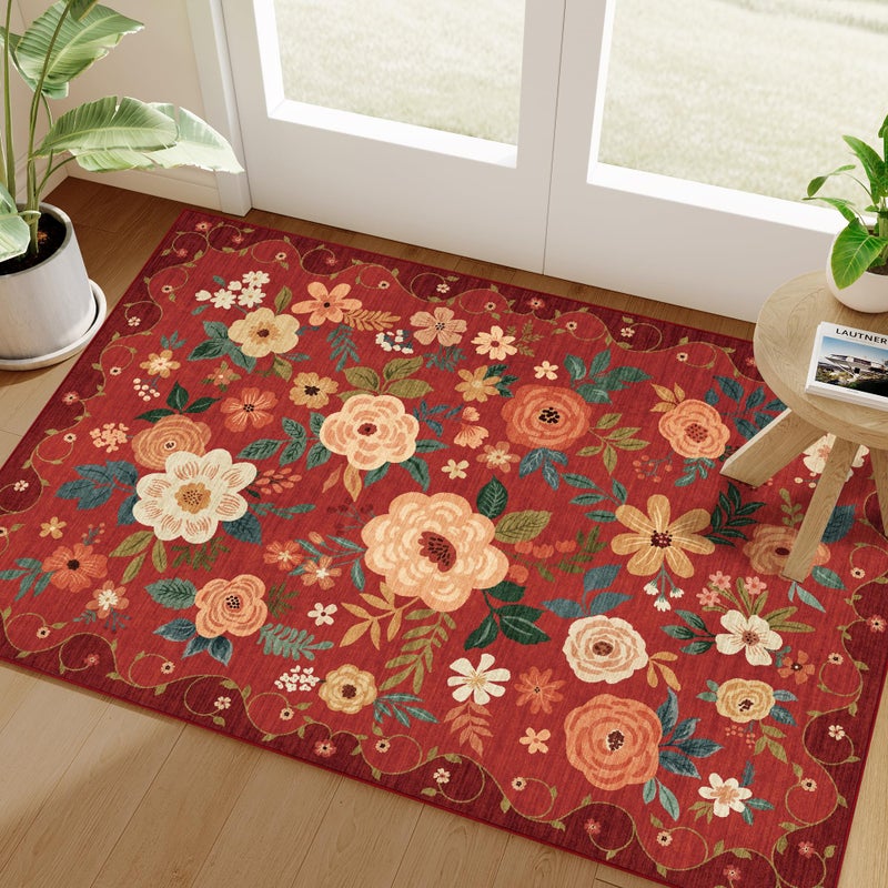 DUKINO 2x3 Rugs for Entryway, Floral Indoor Washable Door Mat, Non Slip Boho Small Rug for Kitchen, Soft Low Pile Front Door Throw Rug for Entrance, Bedroom, Kitchen, Laundry, Bathroom, Red - Image 1
