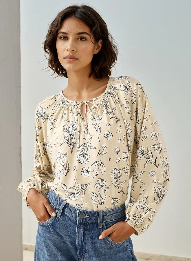 Splash FAV Floral Print Top with Neck Rouching and Tie-Up