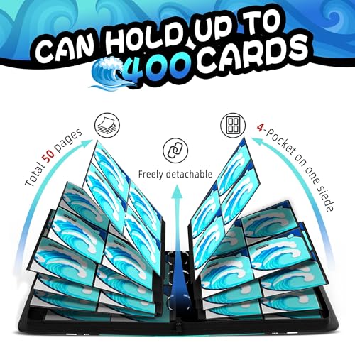 Luporia Trading Card Binder 4 Pocket,400 Pocket Card Collection Binder with 50 Removable Sleeves,PU Waterproof Top Card Book,3-Ring Zipper Collectible Trading Card Album for MTG/TCG/Card Holder Gift（Water） - Image 5