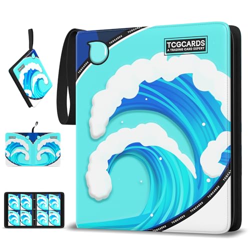 Luporia Trading Card Binder 4 Pocket,400 Pocket Card Collection Binder with 50 Removable Sleeves,PU Waterproof Top Card Book,3-Ring Zipper Collectible Trading Card Album for MTG/TCG/Card Holder Gift（Water） - Image 1