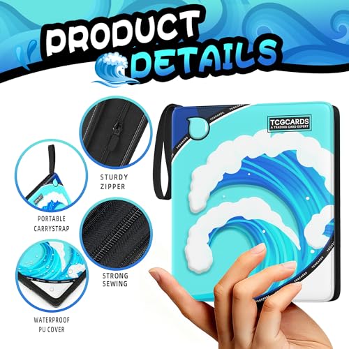 Luporia Trading Card Binder 4 Pocket,400 Pocket Card Collection Binder with 50 Removable Sleeves,PU Waterproof Top Card Book,3-Ring Zipper Collectible Trading Card Album for MTG/TCG/Card Holder Gift（Water） - Image 3