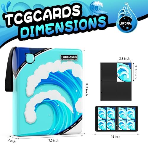 Luporia Trading Card Binder 4 Pocket,400 Pocket Card Collection Binder with 50 Removable Sleeves,PU Waterproof Top Card Book,3-Ring Zipper Collectible Trading Card Album for MTG/TCG/Card Holder Gift（Water） - Image 2