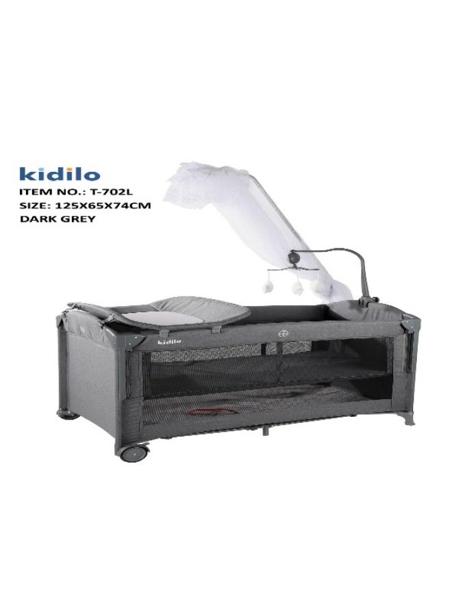 Kidilo 4-in-1 Multifunctional Baby Bed & Playpen (T-702L) - Bassinet, Rocker, and Changing Station - Dark Grey.