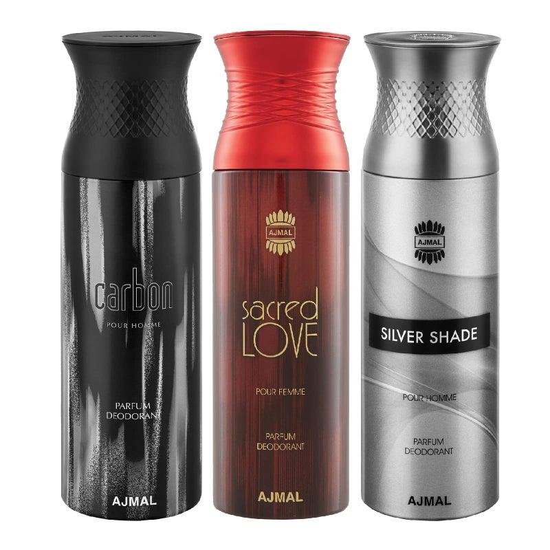 Ajmal سبراي مزيل العرق أجمَل كربون و ساكرد لوف و سيلفر شيد - للرجال و النساء (200 مل، عبوة من 3) - Image 1