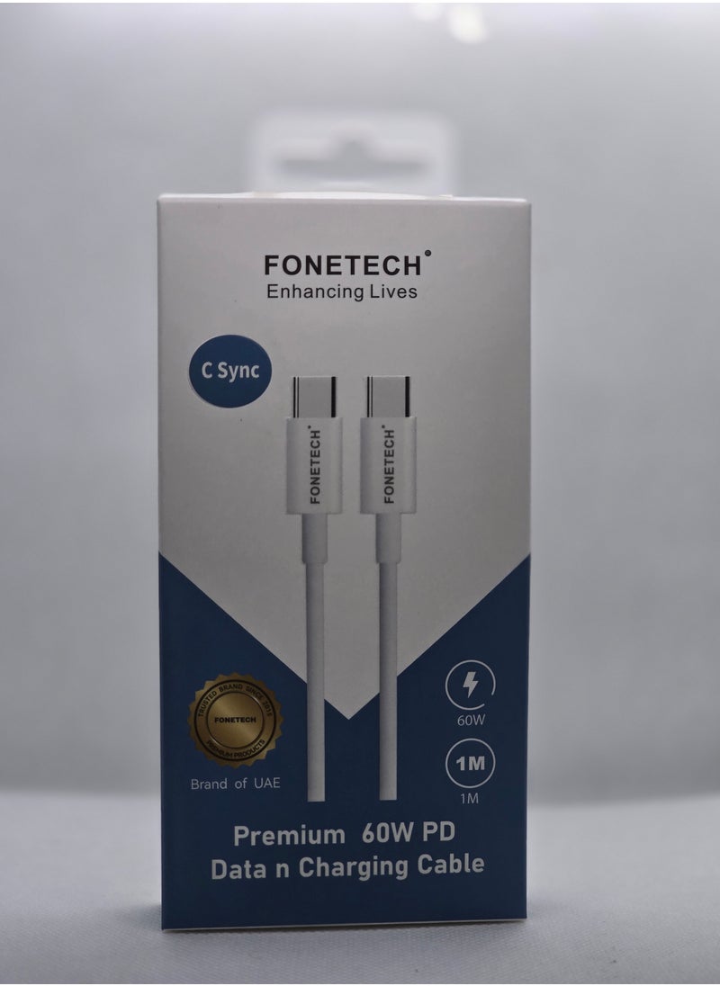 FONETECH Enhancing Lives C to C Premium 60W PD Data & Charging Cable – Fast & Reliable C-C Power Delivery for Laptops, Tablets & Smartphones