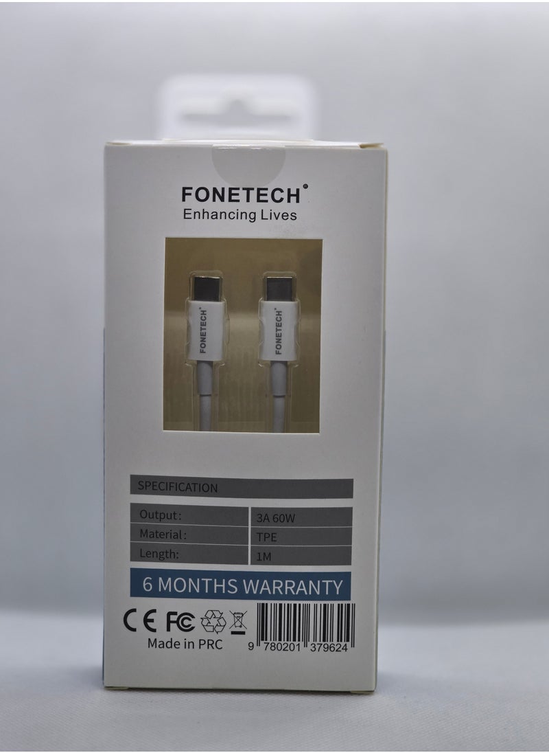 FONETECH Enhancing Lives C to C Premium 60W PD Data & Charging Cable – Fast & Reliable C-C Power Delivery for Laptops, Tablets & Smartphones