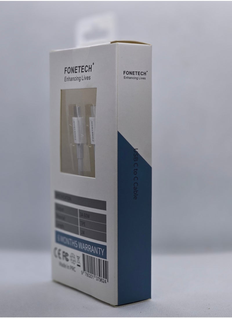 FONETECH Enhancing Lives C to C Premium 60W PD Data & Charging Cable – Fast & Reliable C-C Power Delivery for Laptops, Tablets & Smartphones