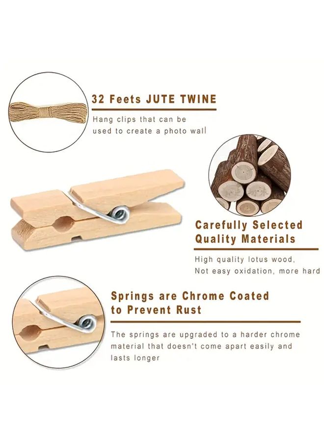 Mini Clothes Pins With Jute Rope Wood Color Photo Display All Season 20pcs - Image 2