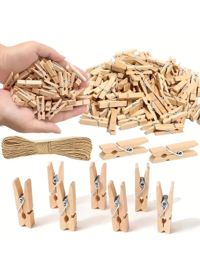 Mini Clothes Pins With Jute Rope Wood Color Photo Display All Season 20pcs - Image 1