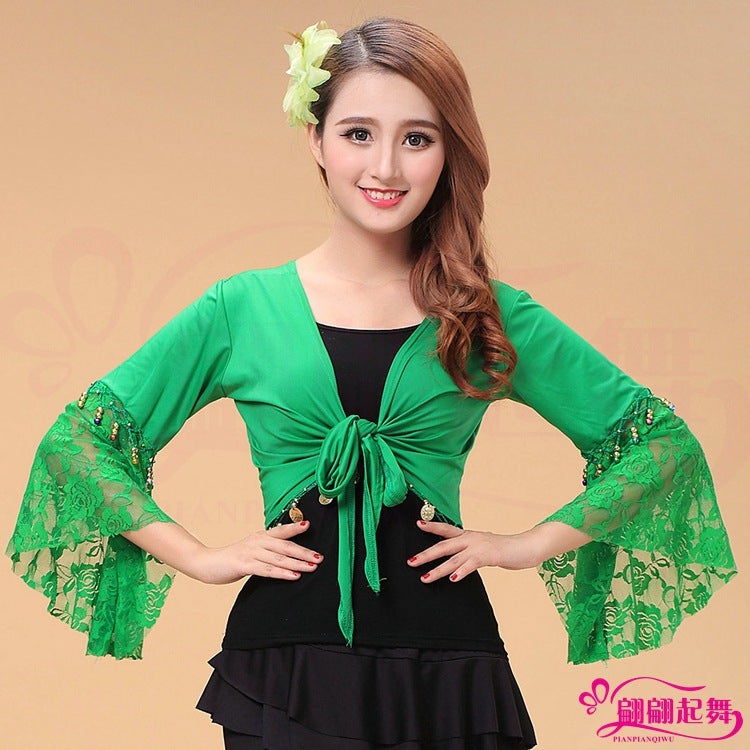 Belly Dance Table Costume Dance Costume New Square Dance Shawl Lace Trumpet Long Sleeve Practice Clothes Top - Image 1