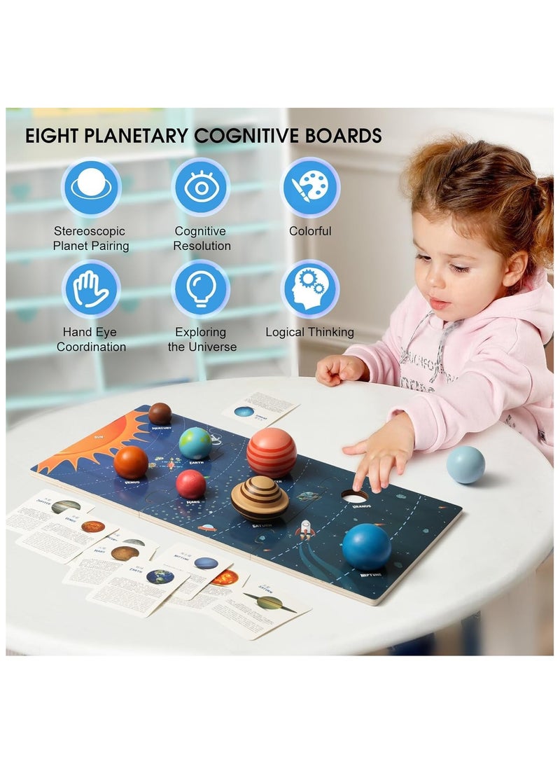 Soofam Wooden Solar System Model Board, Montessori Toys Planets Puzzle Science STEM Space Learning for Kids 4-8 with 3D Planets Models,Space Knowledge Flash Cards Learning Toys for Boys Girls - Image 2