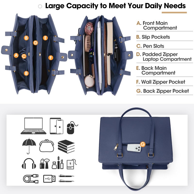 NEWHEY Laptop Tote Bags for Women 15.6 Inch Ladies Leather Laptop Handbags Designer Office Shoulder Bag Womens for Work School Business Shopping Blue - Image 2