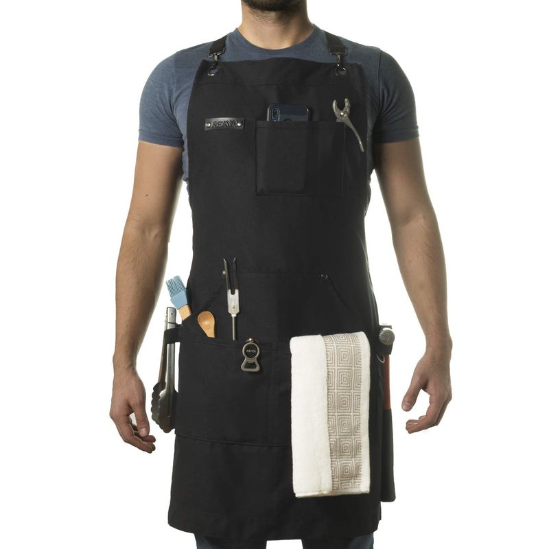 Asaya Chef, BBQ and Work Apron with Bottle Opener and Hand Towel - Durable 10oz Cotton Canvas, Stainless Steel Hardware and Cross Back Straps - For Men, Women, Grilling, and Cooking (Black) - Image 1
