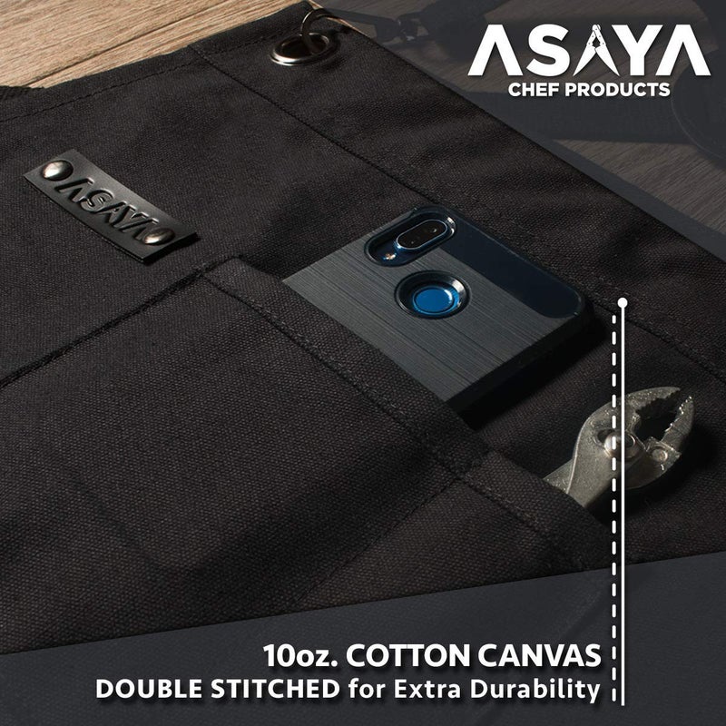Asaya Chef, BBQ and Work Apron with Bottle Opener and Hand Towel - Durable 10oz Cotton Canvas, Stainless Steel Hardware and Cross Back Straps - For Men, Women, Grilling, and Cooking (Black) - Image 4