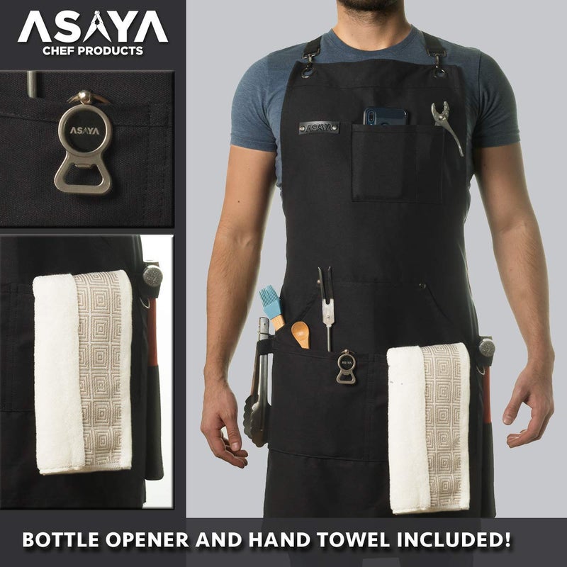 Asaya Chef, BBQ and Work Apron with Bottle Opener and Hand Towel - Durable 10oz Cotton Canvas, Stainless Steel Hardware and Cross Back Straps - For Men, Women, Grilling, and Cooking (Black) - Image 2