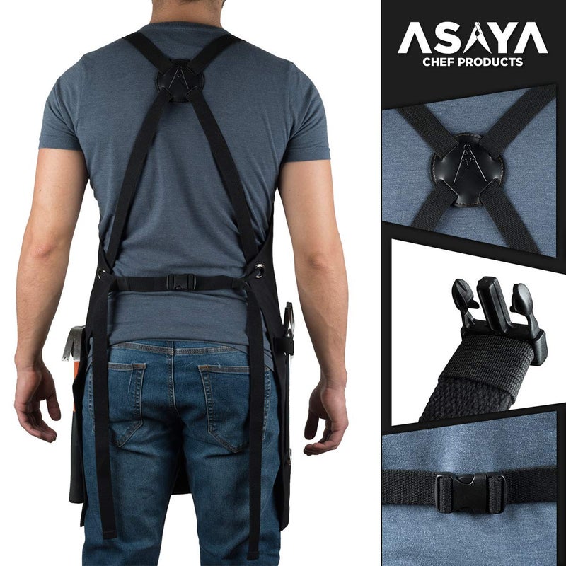 Asaya Chef, BBQ and Work Apron with Bottle Opener and Hand Towel - Durable 10oz Cotton Canvas, Stainless Steel Hardware and Cross Back Straps - For Men, Women, Grilling, and Cooking (Black) - Image 3