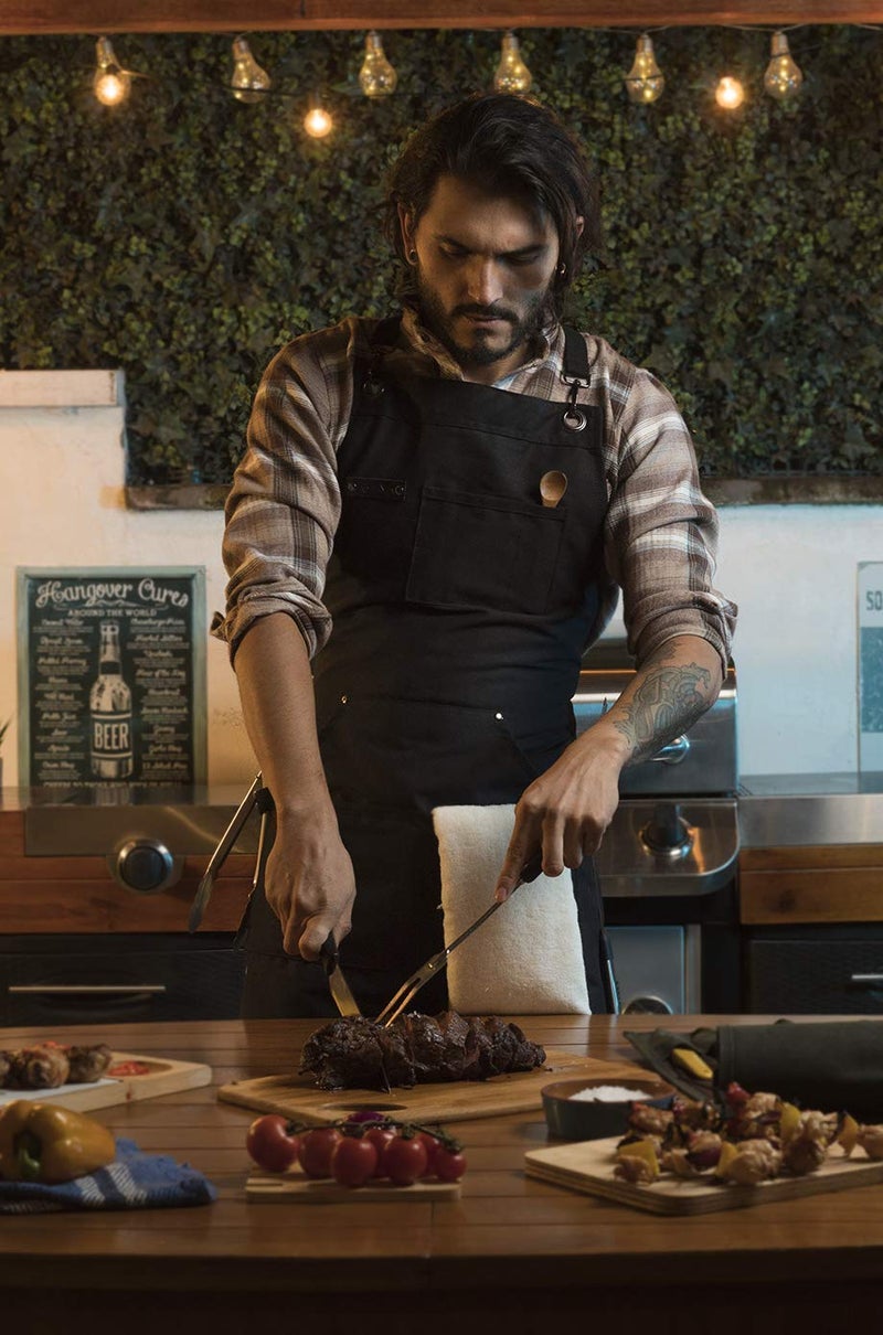 Asaya Chef, BBQ and Work Apron with Bottle Opener and Hand Towel - Durable 10oz Cotton Canvas, Stainless Steel Hardware and Cross Back Straps - For Men, Women, Grilling, and Cooking (Black) - Image 5
