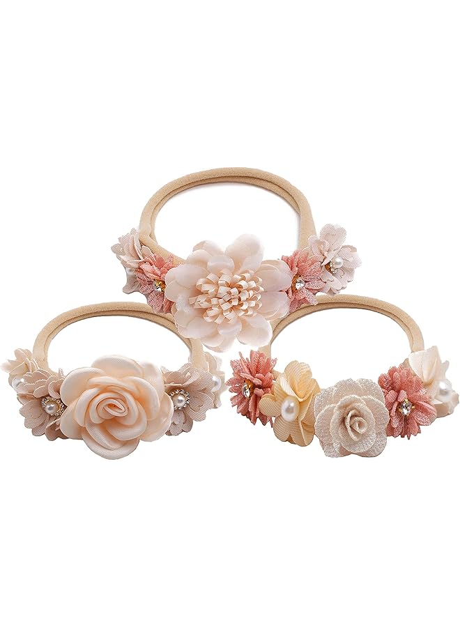 Excefore 3 Pack Baby Girl Flower Headbands Set Elastic Floral Hair Band With Bow For Newborn Infant Toddler Soft Lace Floral Hairbands Newborn Infant Toddlers Kids Hair Accessories For Newborn Toddler - Image 1