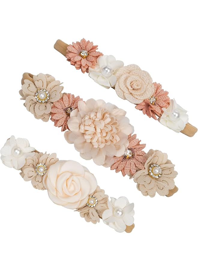 Excefore 3 Pack Baby Girl Flower Headbands Set Elastic Floral Hair Band With Bow For Newborn Infant Toddler Soft Lace Floral Hairbands Newborn Infant Toddlers Kids Hair Accessories For Newborn Toddler - Image 3