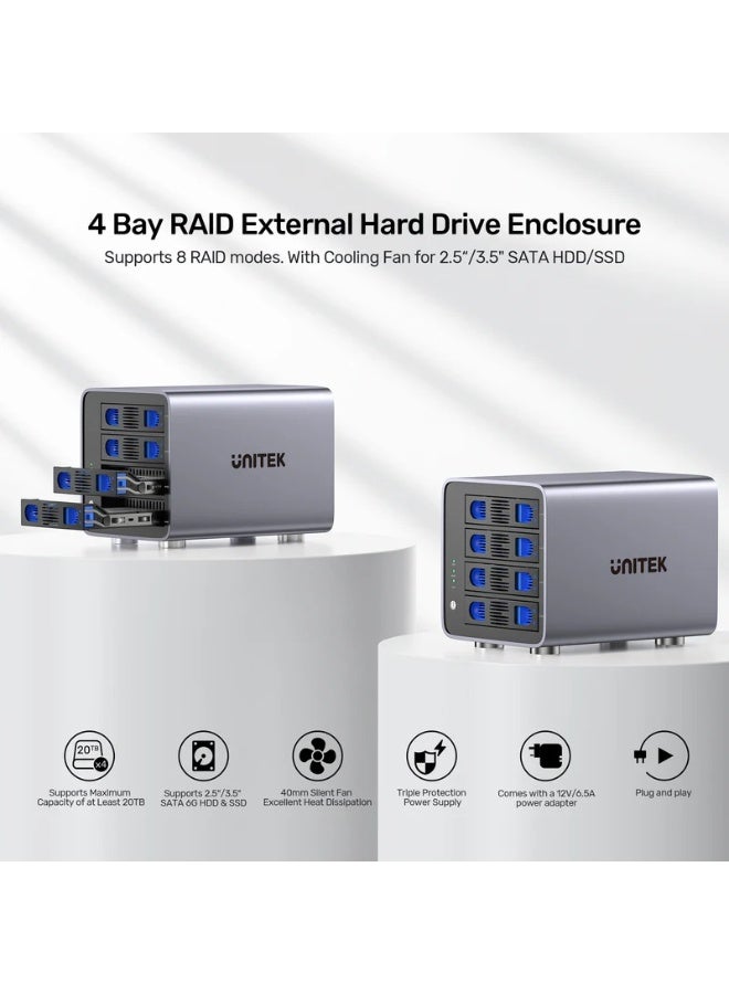 UNITEK SATA 4-Bay RAID External Hard Drive Enclosure, Aluminum Alloy, Space Grey - Image 4
