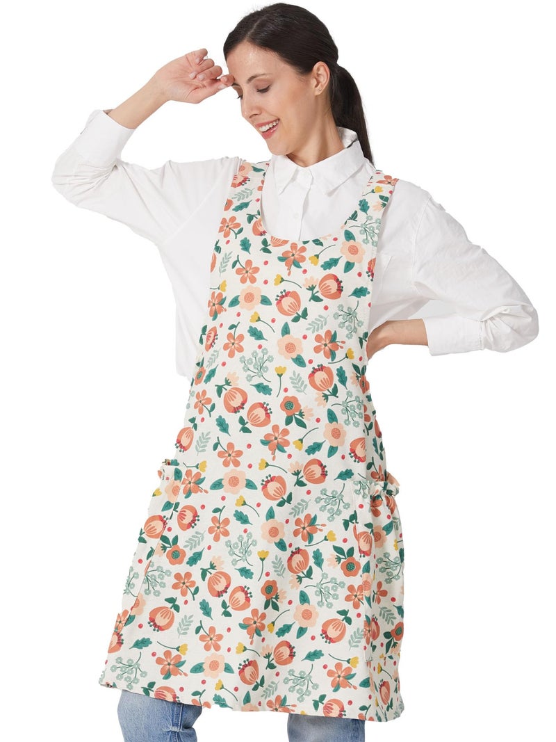 APRONNER Cozy Adjustable Cross Back Aprons for Women with Pockets Cotton Linen Cooking Kitchen Baking Pink Flowers