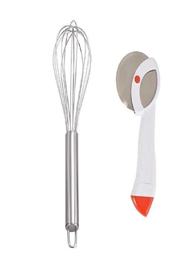 BLUE WONDER Stainless Steel Wire-Egg Beater | Wisk with Handle Combo Apex Pizza Cutter | Kitchen Accessories | Multipurpose Kitchen Tool | Durable, Easy to Use | Multicolour | Pack of 2