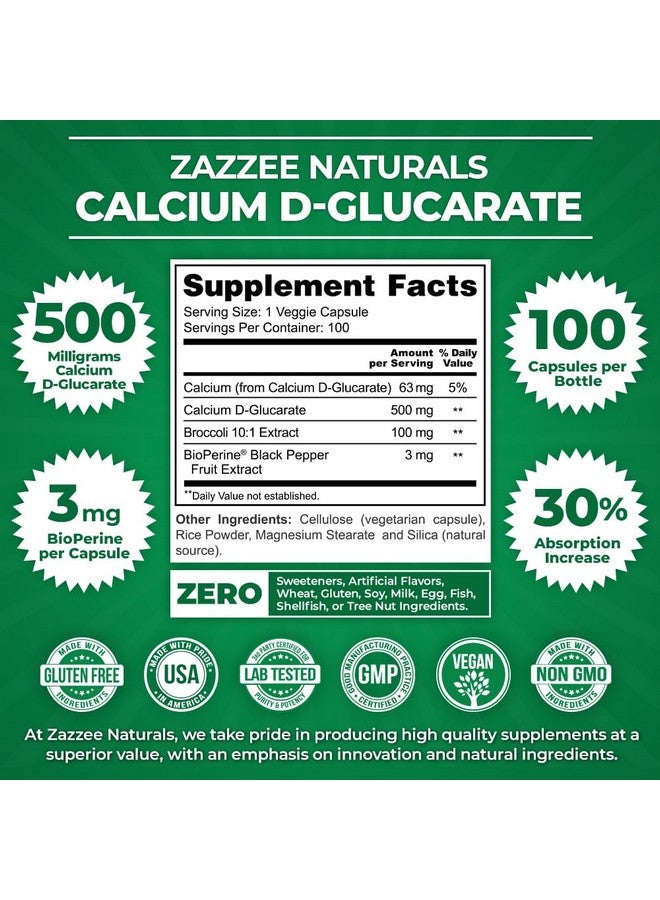 Zazzee زاززي كالسيم دي-غلوكارات بامتصاص عالي، 500 ملغ لكل كبسولة، 3 ملغ بايوبرين لتحسين الامتصاص، 100 كبسولة نباتية، بالإضافة إلى مستخلص البروكلي 10:1، 100% نباتي، CDG، طبيعي بالكامل وغير معدل وراثيًا - Image 3