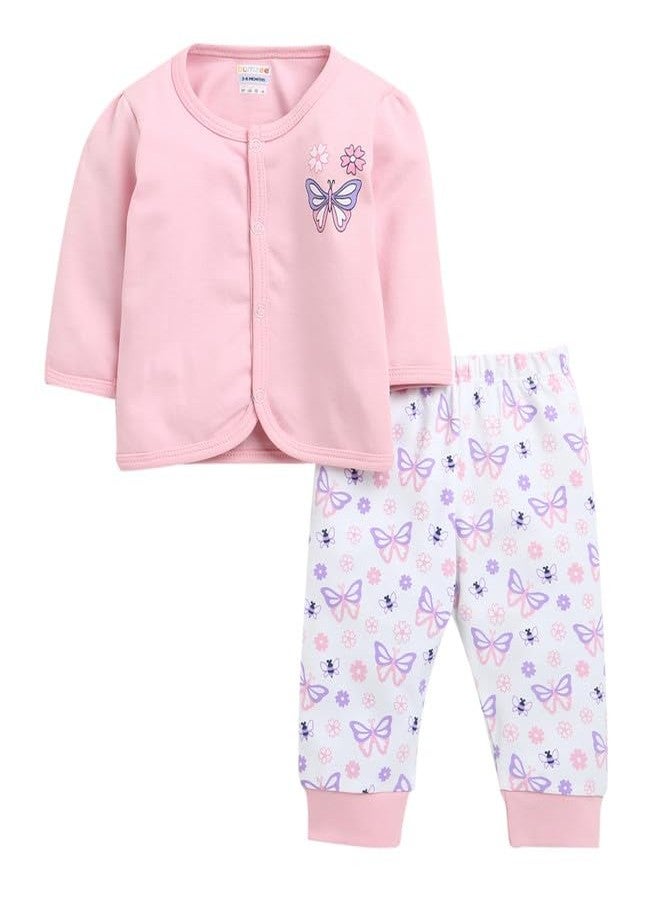 BUMZEE Baby Girls Cotton Full Sleeves Jabla & Pyjama Set Pink & White - 0-3 Months (Peb10233B-pnk) - Image 1