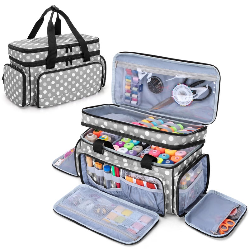 LUXJA LUXJA Large 2 Layers Sewing Organizer Bag with 5 Detachable Dividers Sewing Storage Bag for Sewing Supplies Polka Dots 