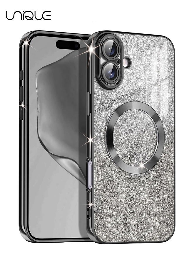 Unique For iPhone 16 Case Glitter Magnetic Compatible with MagSafe Full Camera Lens Protection Luxury Plating Lovely  Bling Clear Shockproof Slim Phone Case for Women Girls, Black - Image 1