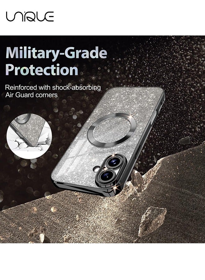 Unique For iPhone 16 Case Glitter Magnetic Compatible with MagSafe Full Camera Lens Protection Luxury Plating Lovely  Bling Clear Shockproof Slim Phone Case for Women Girls, Black - Image 3