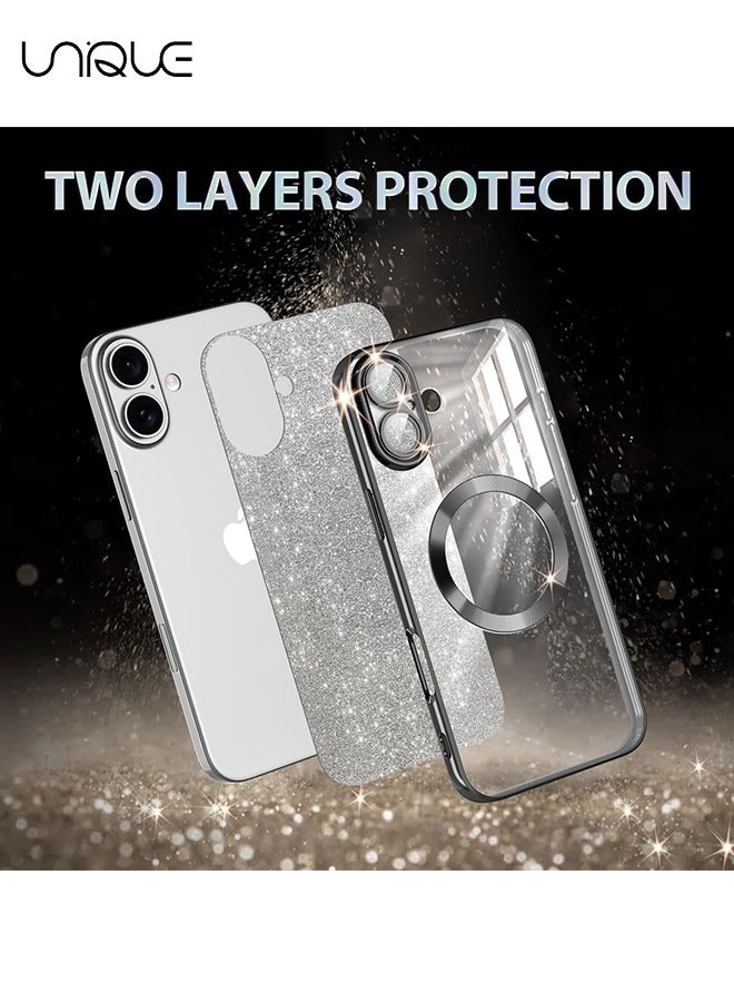 Unique For iPhone 16 Case Glitter Magnetic Compatible with MagSafe Full Camera Lens Protection Luxury Plating Lovely  Bling Clear Shockproof Slim Phone Case for Women Girls, Black - Image 2
