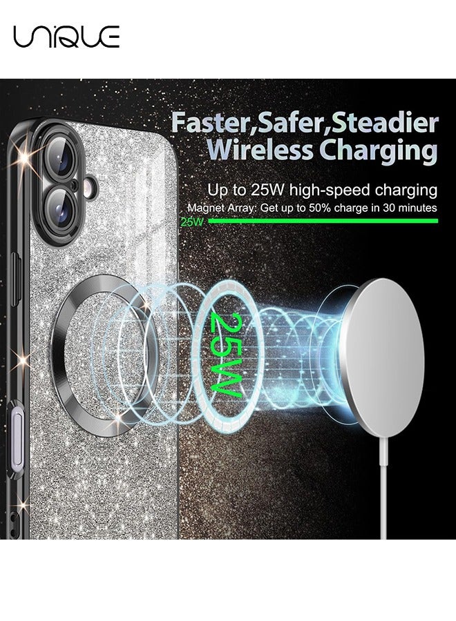 Unique For iPhone 16 Case Glitter Magnetic Compatible with MagSafe Full Camera Lens Protection Luxury Plating Lovely  Bling Clear Shockproof Slim Phone Case for Women Girls, Black - Image 5