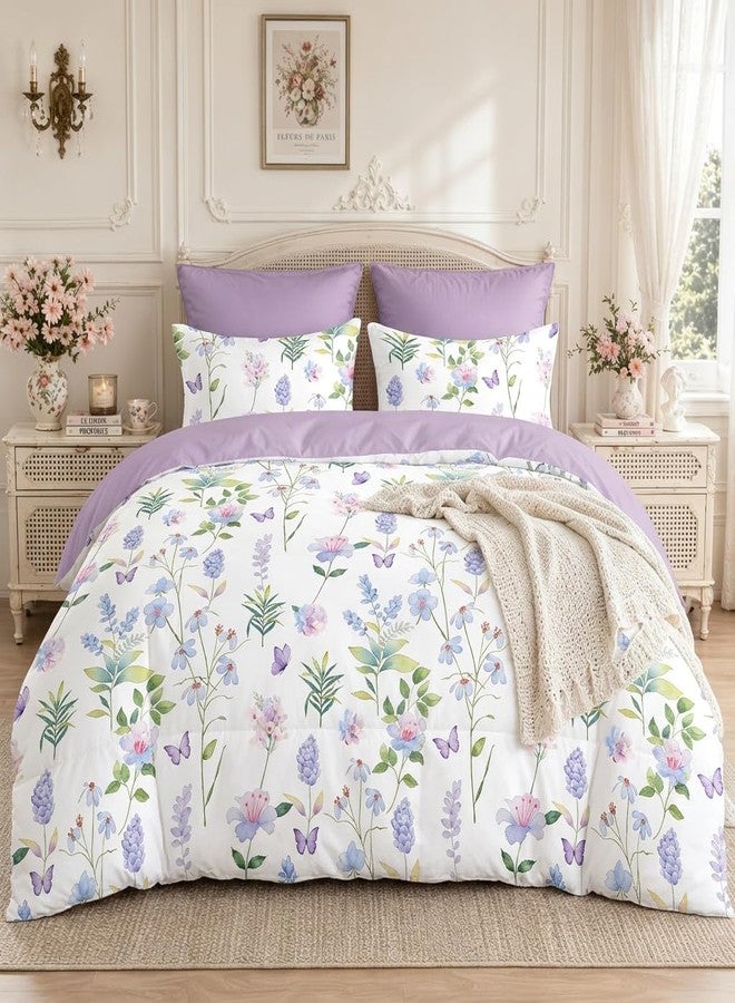 CCoutueChen Purple Lavender Comforter Set Full Size, Botanical Floral Bedding Set for Girls Cottagecore Bedroom, 3 Pieces Soft Fluffy Microfiber Comforter Sets with 2 Pillowcases, 79"x90" - Image 1