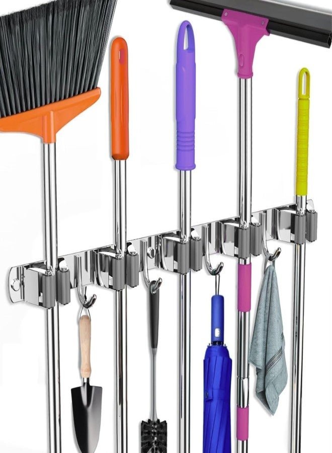 Home Elem Broom Mop Holder Wall Mount Stainless Steel Wall Mounted Storage Organizer Heavy Duty Tools Hanger with 5 Racks 4 Hooks for Kitchen Bathroom Closet Garage Office Garden 1Pc broom holder - Image 1