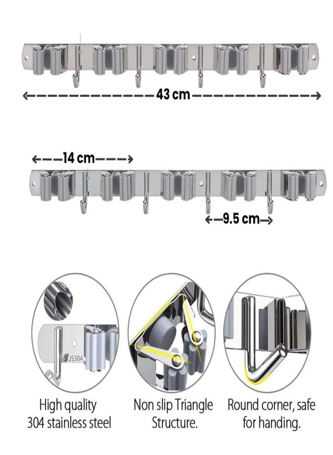 Home Elem Broom Mop Holder Wall Mount Stainless Steel Wall Mounted Storage Organizer Heavy Duty Tools Hanger with 5 Racks 4 Hooks for Kitchen Bathroom Closet Garage Office Garden 1Pc broom holder - Image 2