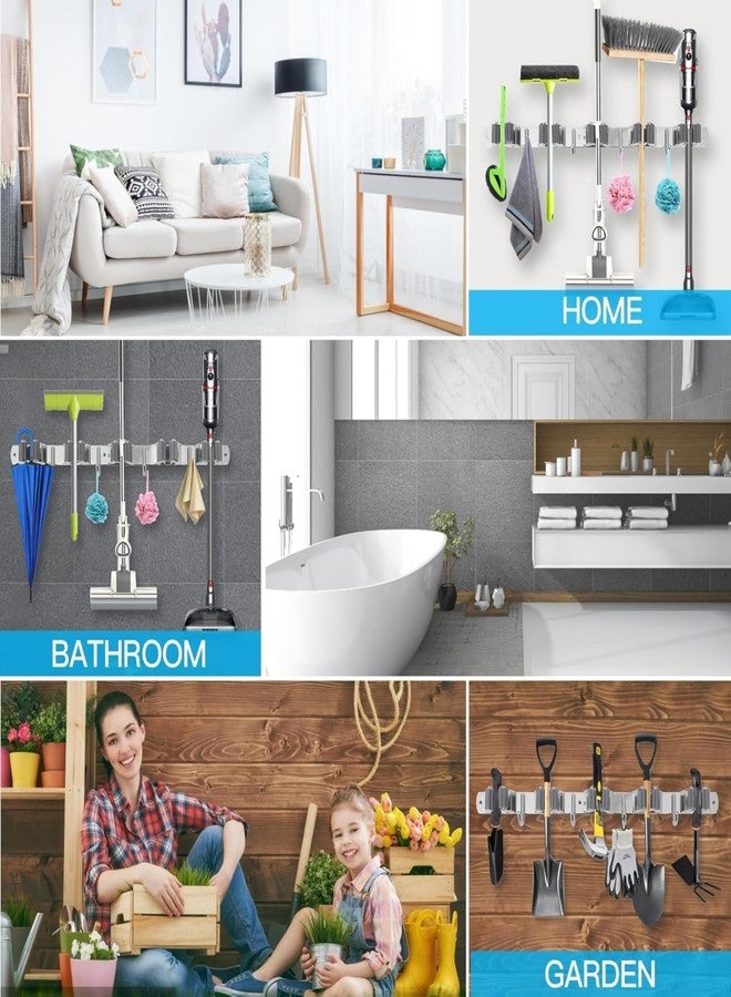 Home Elem Broom Mop Holder Wall Mount Stainless Steel Wall Mounted Storage Organizer Heavy Duty Tools Hanger with 5 Racks 4 Hooks for Kitchen Bathroom Closet Garage Office Garden 1Pc broom holder - Image 4
