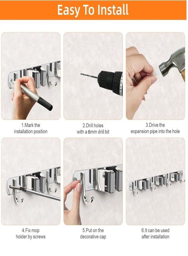 Home Elem Broom Mop Holder Wall Mount Stainless Steel Wall Mounted Storage Organizer Heavy Duty Tools Hanger with 5 Racks 4 Hooks for Kitchen Bathroom Closet Garage Office Garden 1Pc broom holder - Image 3