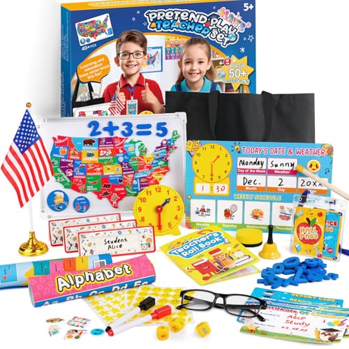 Alritz Pretend Teacher Playset Role Pretend Play Kids School Toys Kit Include Map Calendar White Board Boys Girls Toys Birthday Gift for Ages 5 6 7 8 9 10 11 12 13 - Image 1