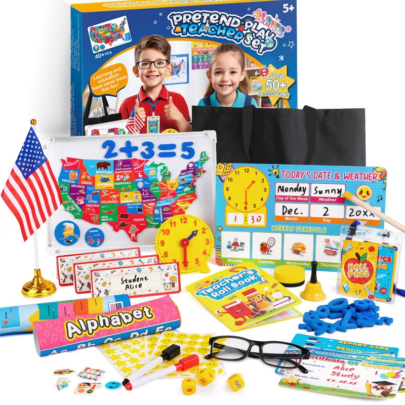 Alritz Pretend Teacher Playset Role Pretend Play Kids School Toys Kit Include Map Calendar White Board Boys Girls Toys Birthday Gift for Ages 5 6 7 8 9 10 11 12 13 - Image 3