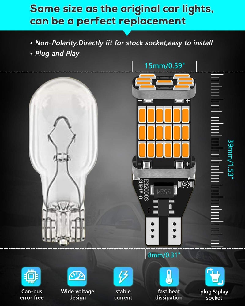 Alopee 921 LED Bulb Amber Yellow 912 LED Bulb Non Polarity Canbus Error Free Turn Signal Light Bulb for T15/902/904/906/579/W16W Blinker Bulb Marker Lights 45SMD 4014 Chips 12~18V DC Pack of 4 - Image 2