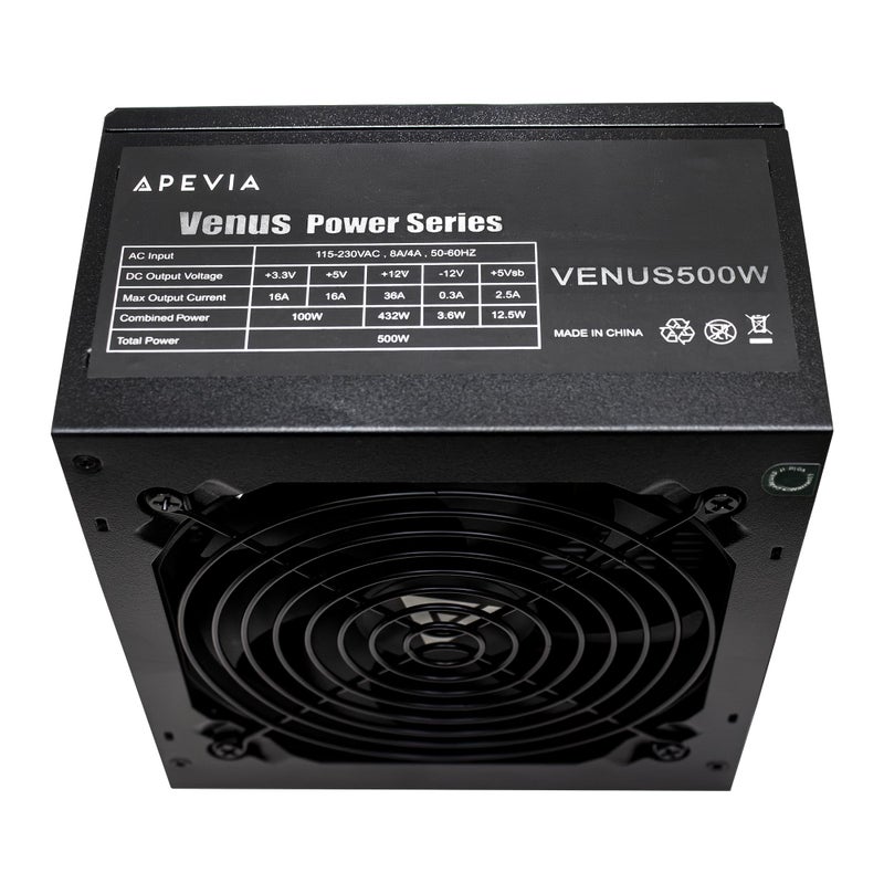 APEVIA VENUS500W Venus 500W ATX Power Supply with Auto-Thermally Controlled 120mm Fan, 115/230V Switch, All Protections - Image 4