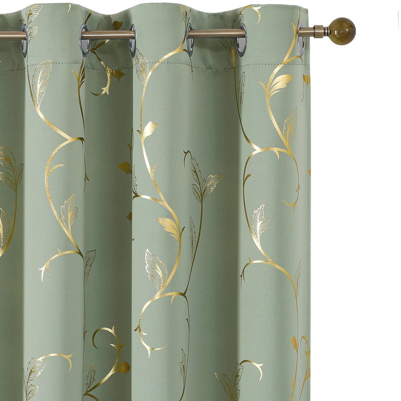 BUHUA Blackout Curtains Gold Foil Print Flower Vine Grommet Drapes, Room Darkening Thermal Insulated Curtains, Noise Reducing Curtain for Bedroom, Sage Green, 52Wx96L, 2 Panels - Image 1