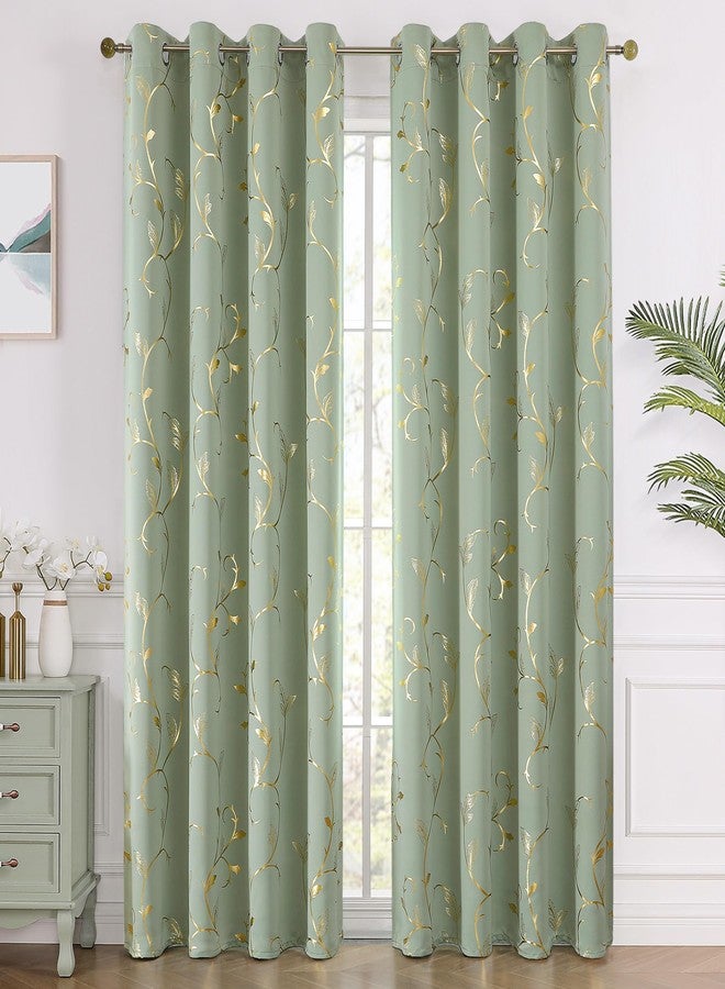 BUHUA Blackout Curtains Gold Foil Print Flower Vine Grommet Drapes, Room Darkening Thermal Insulated Curtains, Noise Reducing Curtain for Bedroom, Sage Green, 52Wx96L, 2 Panels - Image 2
