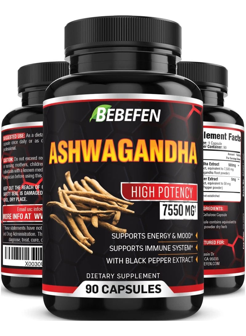 BEBEFEN كبسولات أشواغاندا - تركيبة 7550 ملغ مع مستخلص الفلفل الأسود - 90 كبسولة مكمل أشواغاندا لدعم الطاقة - إمداد لمدة 3 أشهر - Image 1