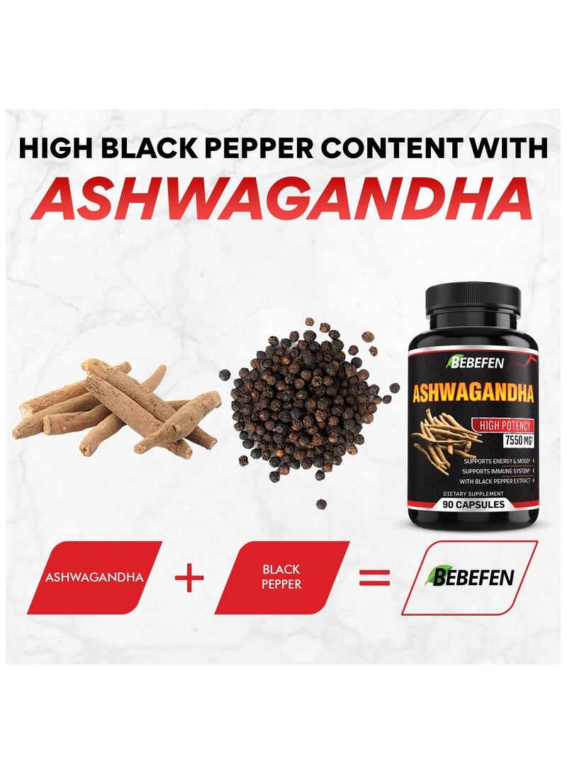 BEBEFEN كبسولات أشواغاندا - تركيبة 7550 ملغ مع مستخلص الفلفل الأسود - 90 كبسولة مكمل أشواغاندا لدعم الطاقة - إمداد لمدة 3 أشهر - Image 2
